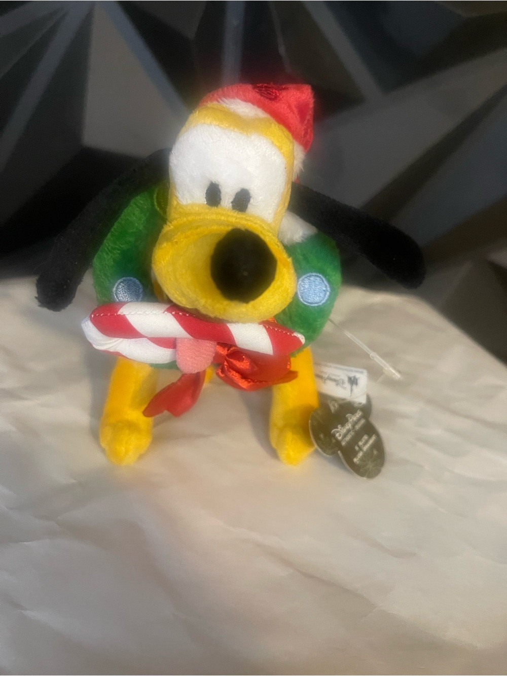 Disney parks Christmas Pluto Plush Ornament 5" Candy Cane Wreath Santa Hat New